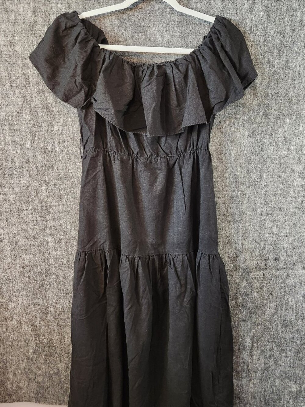 Topshop Off Shoulder Tiered Midi Dress Black Linen Blend Size 6